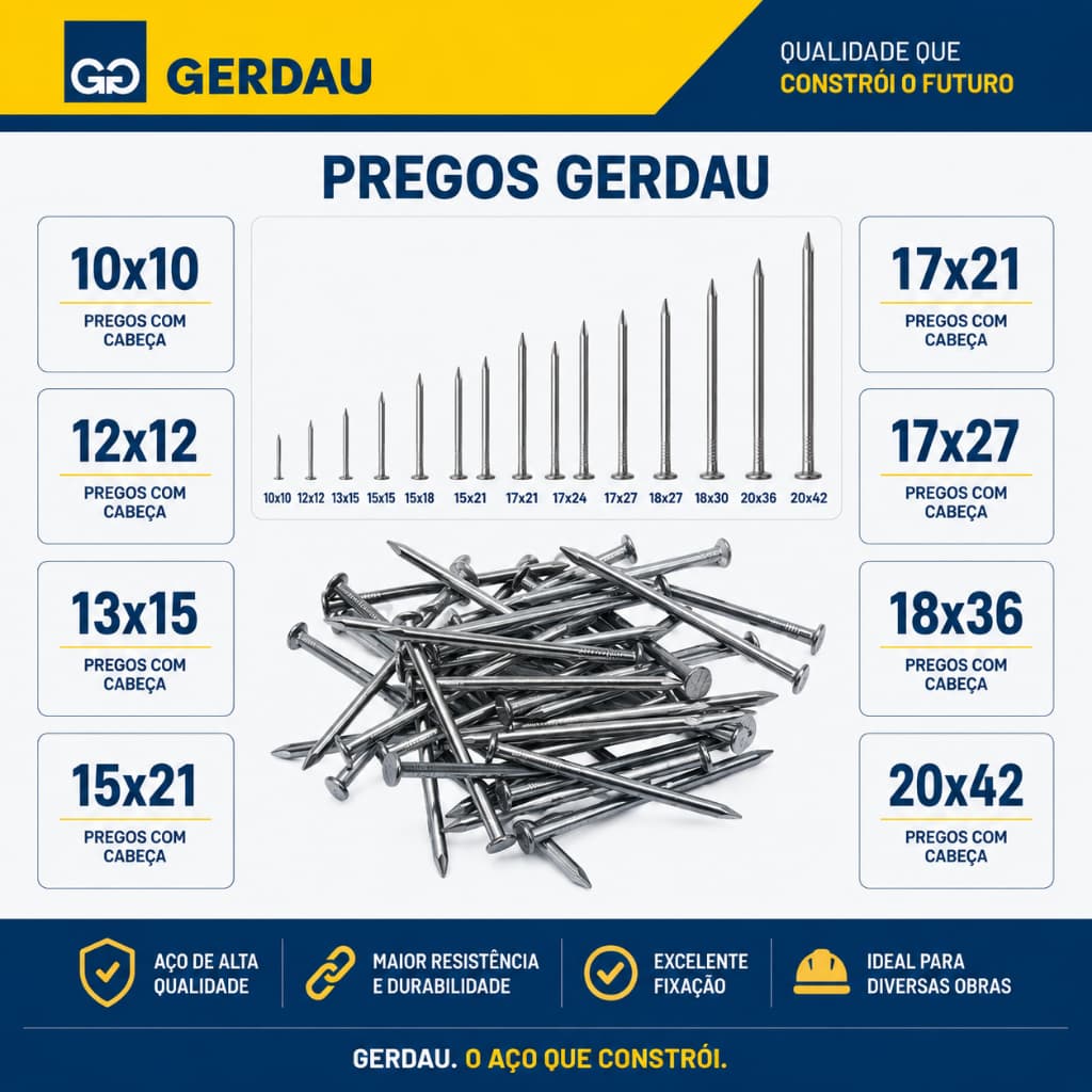Prego 6x6 | 10x10 | 17x27 | 13x18 | 14x21 | 12x12 | 17X21 | 18X36 | 15 x15  | 15 x21 | 18 x27 | 19x36 -  1 Kg - Gerdau