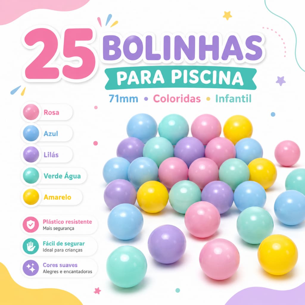 25 Bolinhas Piscina Infantil Coloridas Rosa Azul Lilás Verde Água Amarelo Brinquedo Criança 71mm