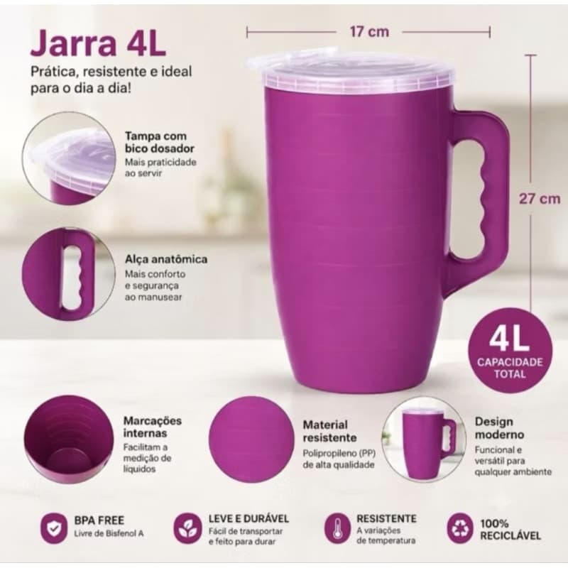 Jarra 4L Grande com Tampa e Bico Dosador | Jarra para Água Suco Bebidas | Resistente e Durável