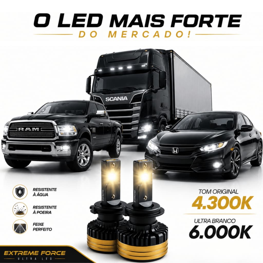 Kit Lâmpada Ultra LED Extreme Force 12V 24V Farol Carro Caminhão H1 H3 H4 H7 H11 H27 9005 9006 4300K 6000K Automotivo