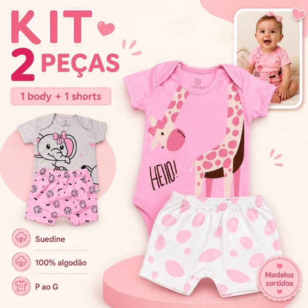 Kit 2 Peças Conjunto Menina 1 Body + 1 Shorts Malha Suedine Estampado Bebe Manga Curta Algodão