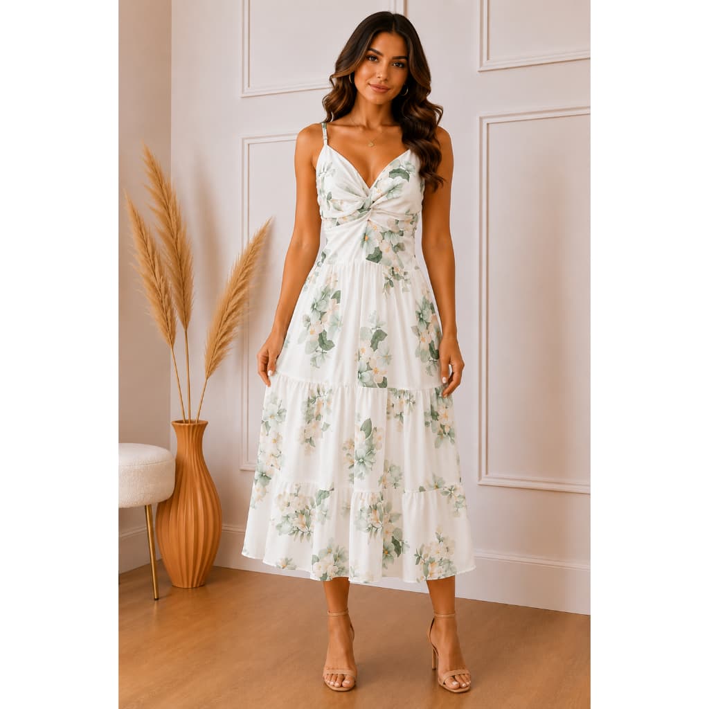 Vestido Feminino Florido De Crepe Fino Longo Ou Midi - Atemporal