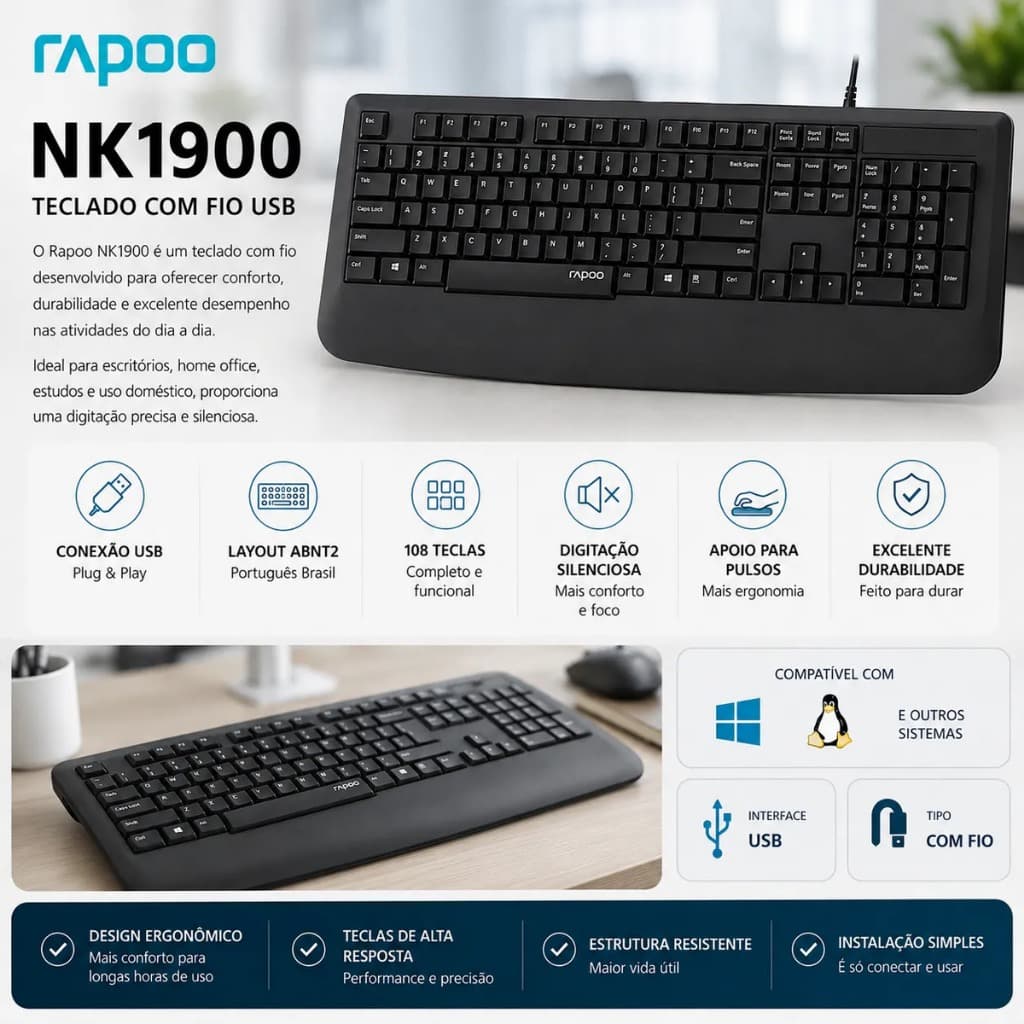 Teclado Rapoo Nk1900 Usb Abnt2 Com Fio Preto Original
