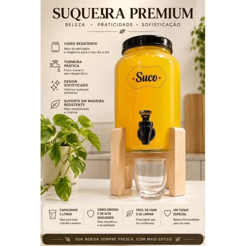 SUQUEIRA DE VIDRO DE 3 LITROS COM SUPORTE EM MADEIRA LANÇAMENTO.