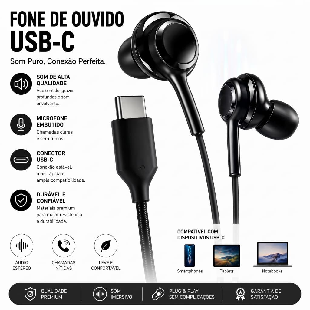 Fone de Ouvido USB‑C com Microfone, Som Estéreo Hi‑Fi, Controle de Volume + 4 Ponteiras Extras para Celular Android
