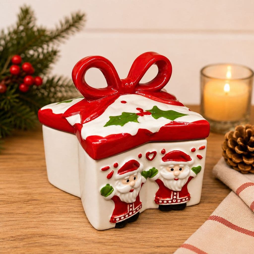 Pote de Natal em Porcelana com Tampa Decorada Papai Noel Laço Vermelho Porta Mantimentos Natalino