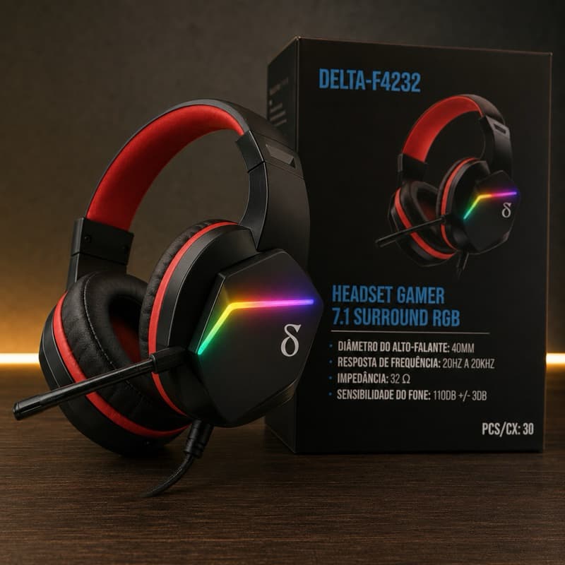 Headset Gamer Delta F-4232 RGB 7.1 Surround USB P2 Microfone