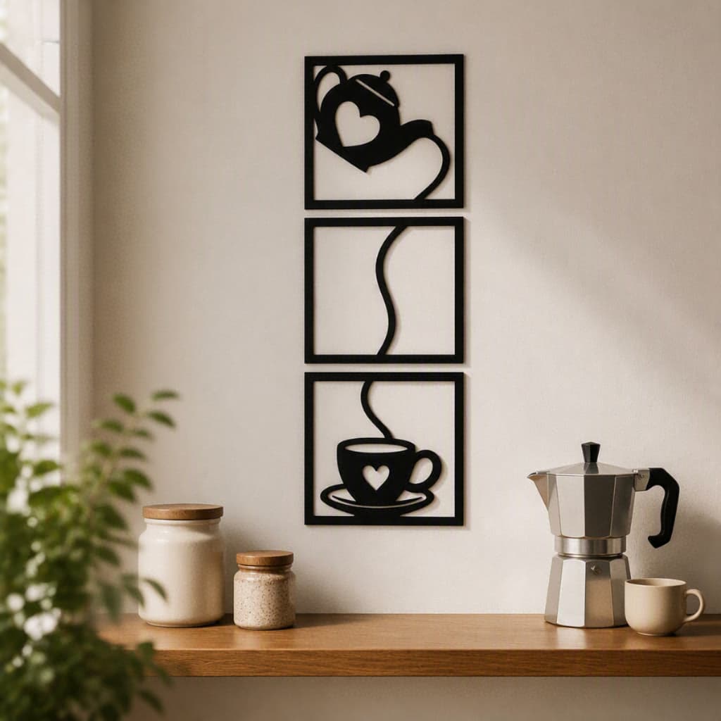 Kit 3 Quadros Decorativos Cantinho Do Café Cozinha MDF Preto 20x18cm Bule Xícara Coração