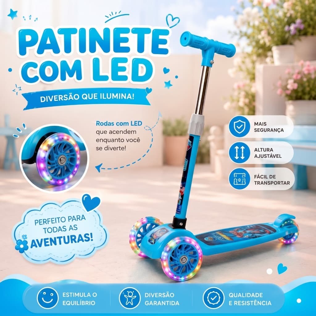 Scooter Patinete Infantil Azul/Rosa 3 Rodas LED Dobrável