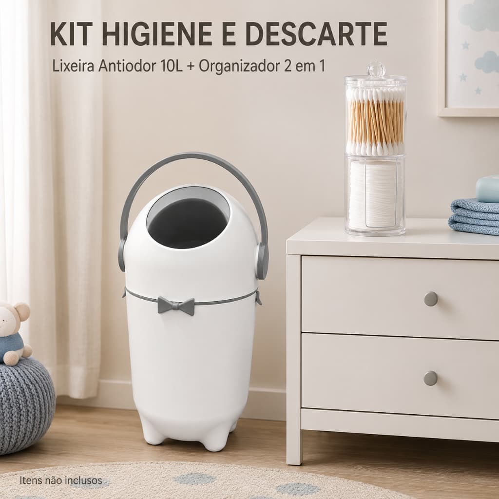 Kit Lixeira Antiodor 10L para Fraldas de Bebê Tampa Giratória + Porta Algodão Cotonete 2 em 1