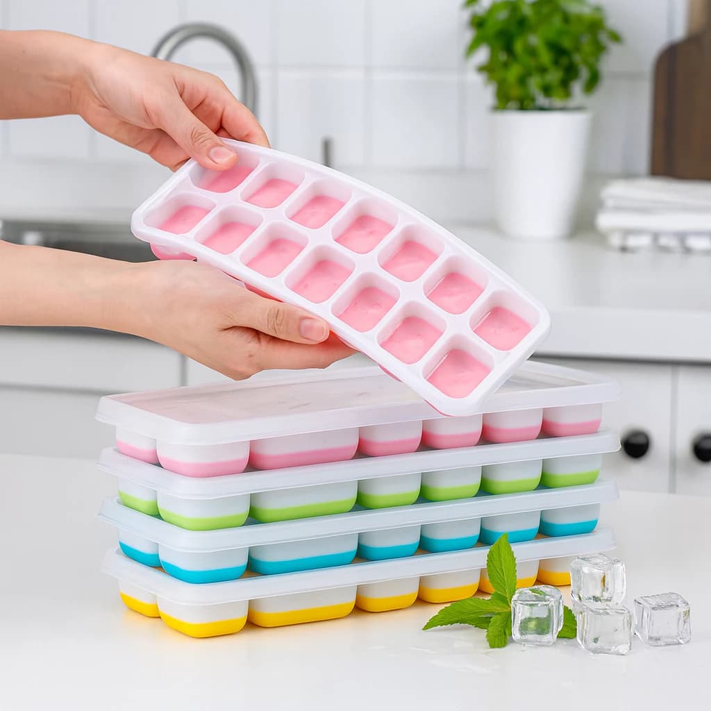 Forma de Gelo Fundo Silicone Com Tampa 14 Cubos Rígida Flexível Fundo Retangular Multiuso Lavável