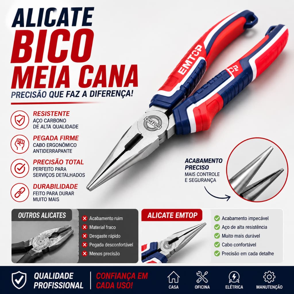 Alicate Bico Meia Cana 6” 160mm EMTOP Profissional CR-V Antiferrugem Cabo Emborrachado Uso Elétrico e Doméstico