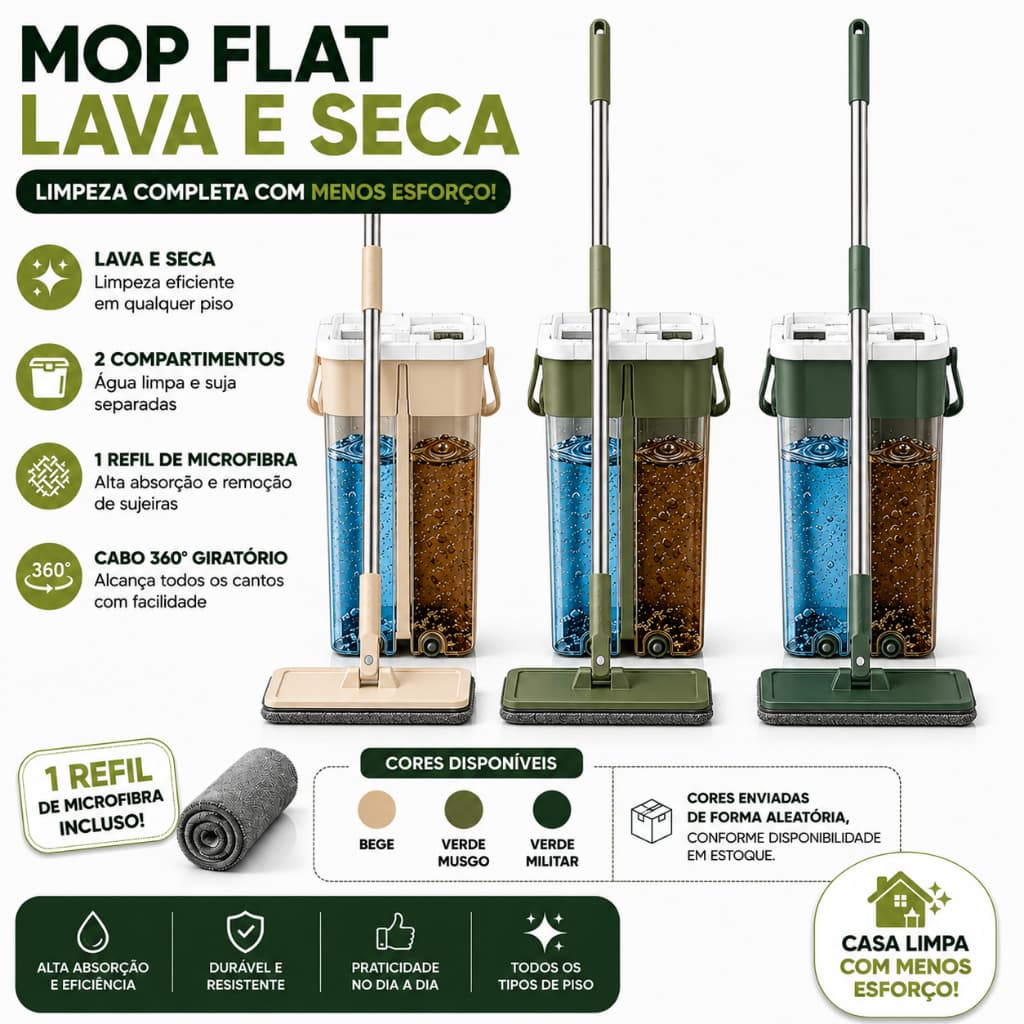 Mop Flat Balde Lava Seca Com Refil Microfibra Cabo Inox Limpeza Mágica Rodo Inteligente