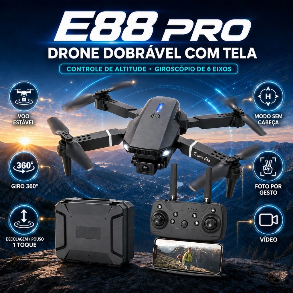 Drone Dobrável E88 E99 Preto Quadcopter Câmera Dupla 4K HD WiFi FPV 3 Baterias Fácil Para Iniciantes Enviado do Brasil