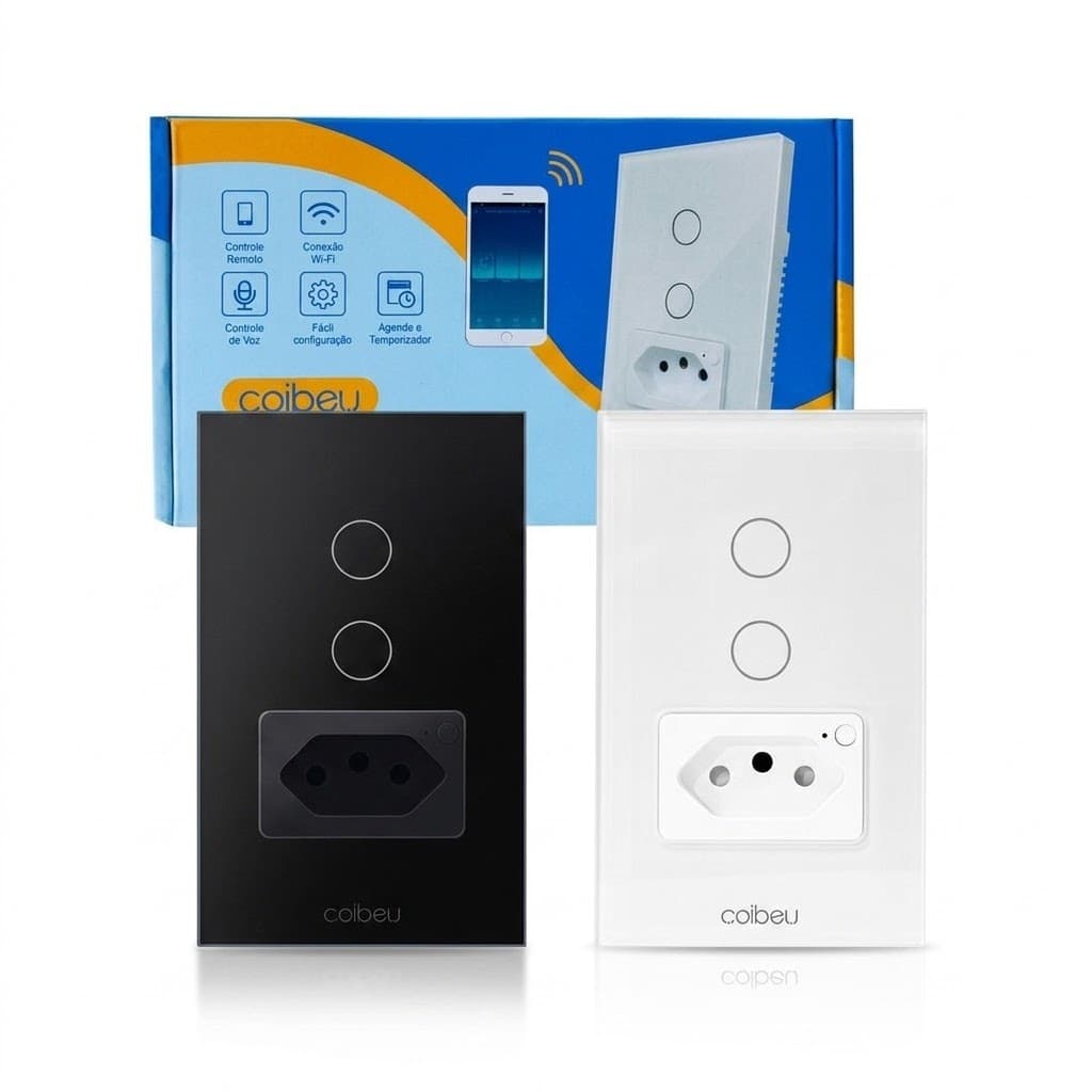Interruptor inteligente WiFi painel de vidro touch 2 botões 1 tomada automação residencial Tuya Alexa Google Home MB312