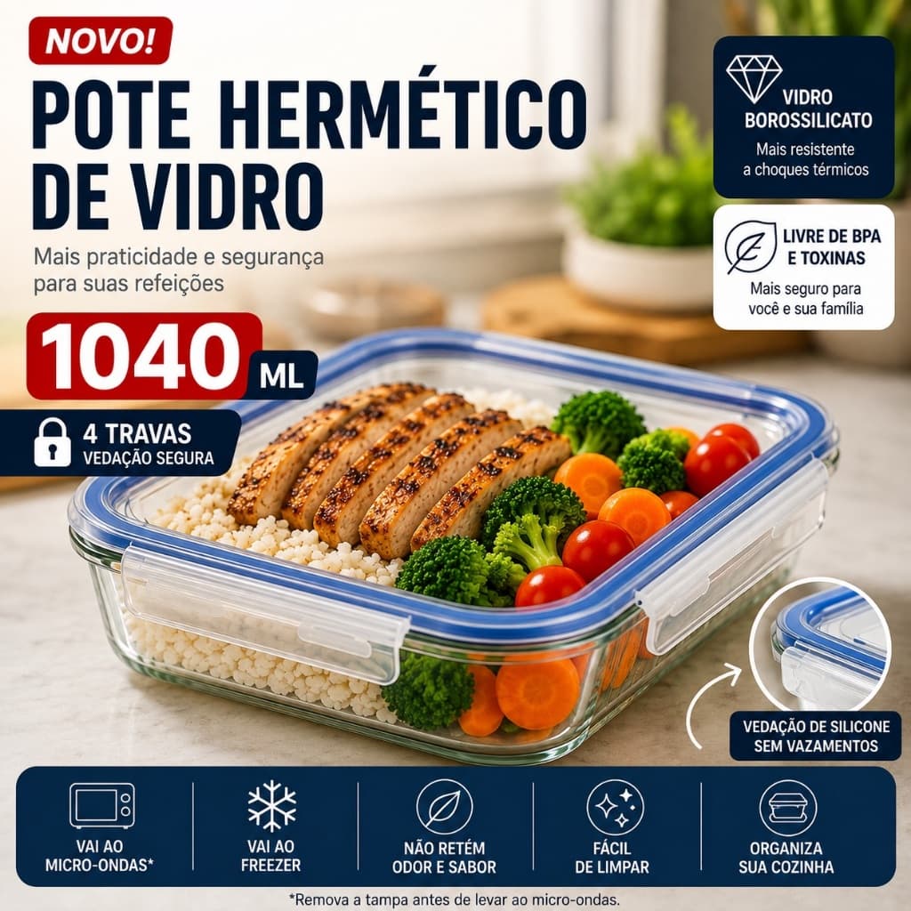 Pote Vidro Hermético 1040ml Marmita 4 Travas Borossilicato Micro-ondas Freezer BPA Free