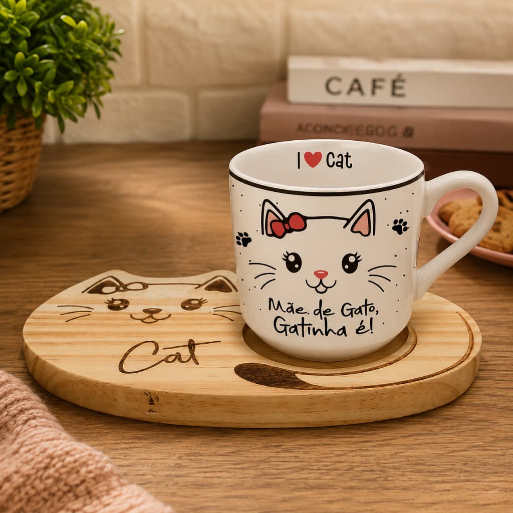 Kit Mimo Luxo Pet 240ML Mãe Gato Gatinha é Caneca Xícara Estampa Delicada Fofa Presente Criativo