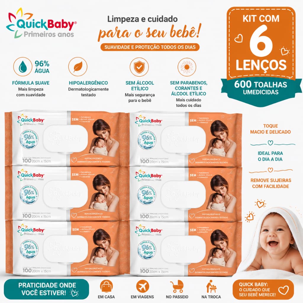 Kit 6 Pacotes Lenços Umedecidos Quick Baby Premium Care (600 Unidades)