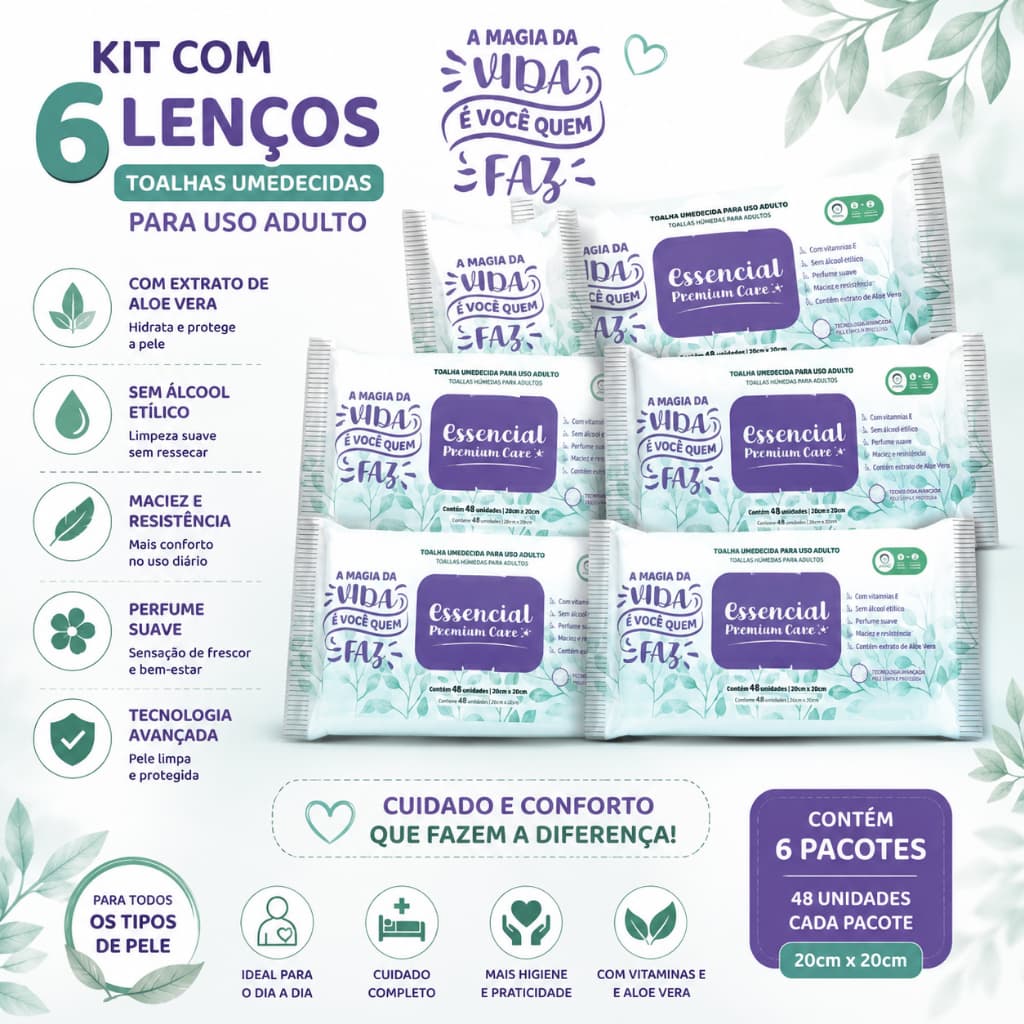 Kit 6 Pacotes Lenços Umedecidos Adulto Essencial Premium Care 288 Unidades Higiene Geriátrica Conforto Alta Absorção