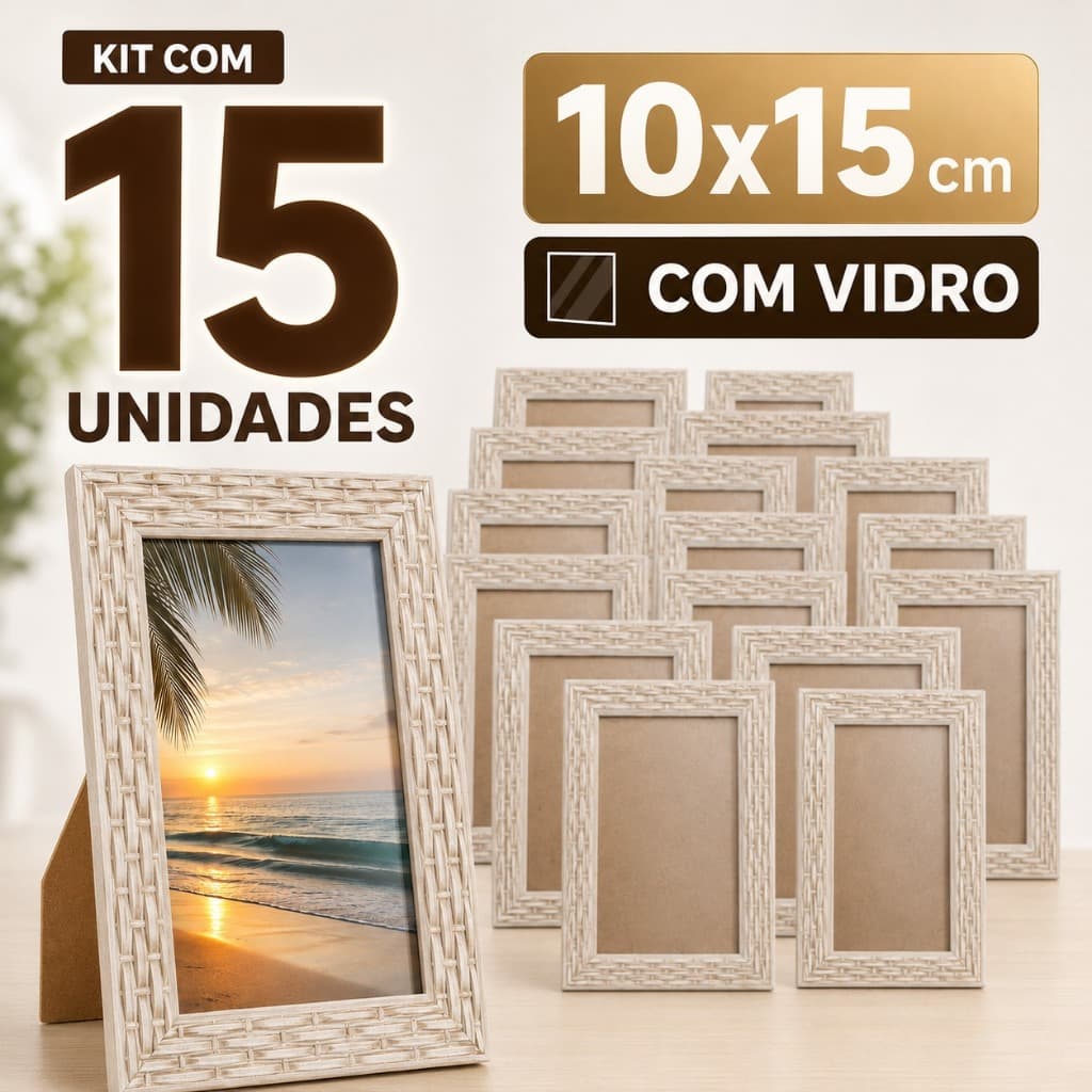 Kit 15 Porta-Retratos 10x15 cm com Vidro Moldura de Madeira Preta, Branca, Palha para Mesa e Parede
