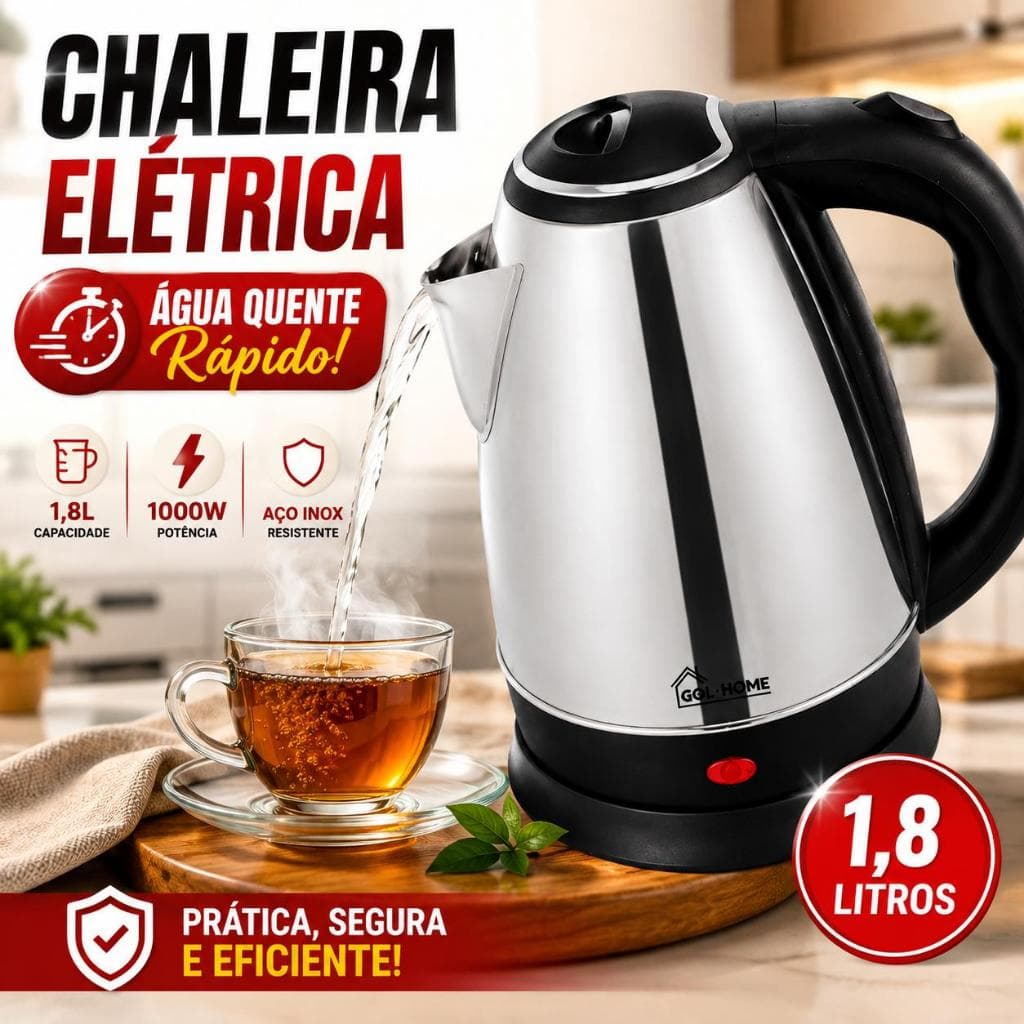 Chaleira Elétrica Inox 1,8L 1000W Aço Inox 127v Para Café Ferve Água Chá Aquecimento Rápido Chimarrão e Muito Mais