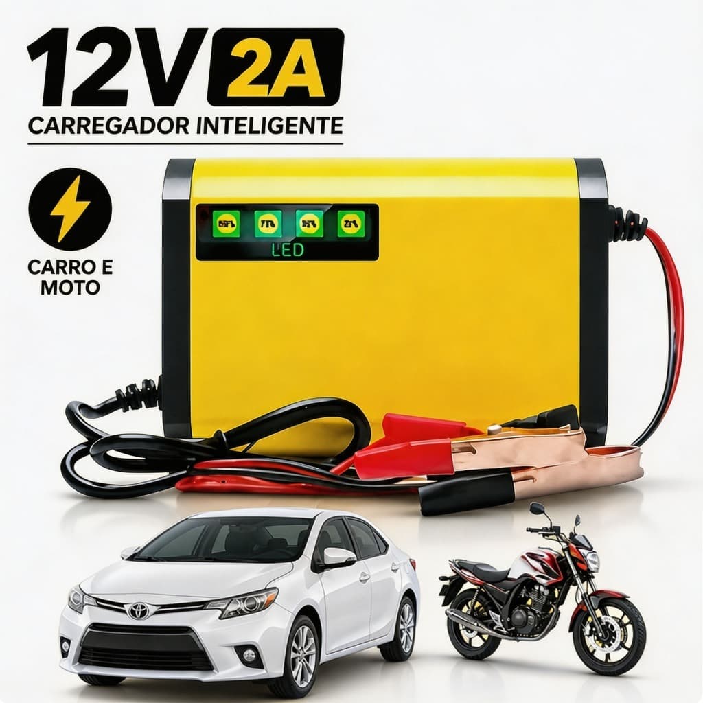 Carregador de Bateria Automotivo 12V 2A Modo Automático Bivolt para Recarga de Baterias de Carro e Moto