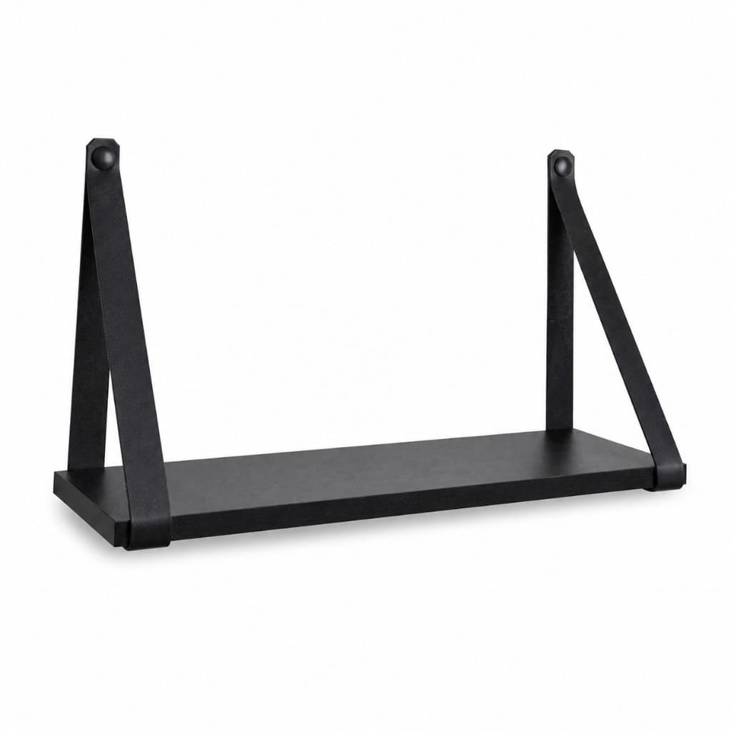 Prateleira Preta MDF 60cm Alça Couro Ecológico Preto Suspensa Decoração Parede Sala Quarto Escritório Nicho Decorativo
