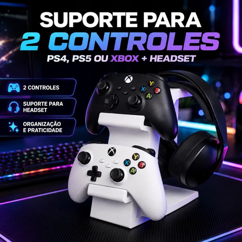 Suporte para 2 controles PS4, PS5 ou XBOX + HEADSET