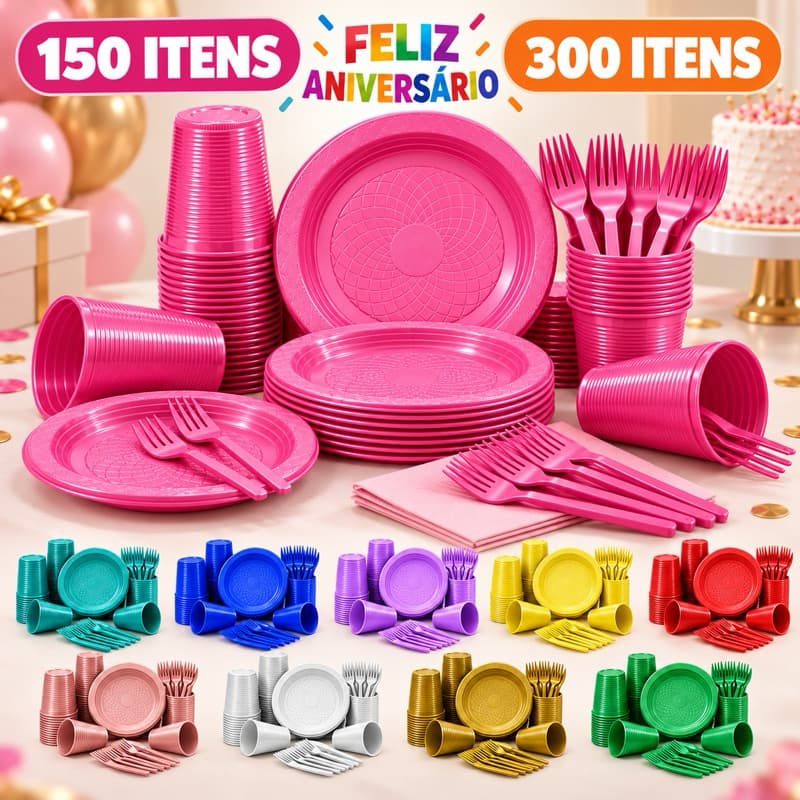 kit 300 Itens 150 Itens Aniversário Festa Descartável Pratos Garfos Copos Perolizados Candy