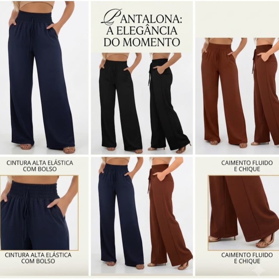 Kit com 2 Calças Pantalona Duna Feminina Com Bolso Cintura Alta P ao GG