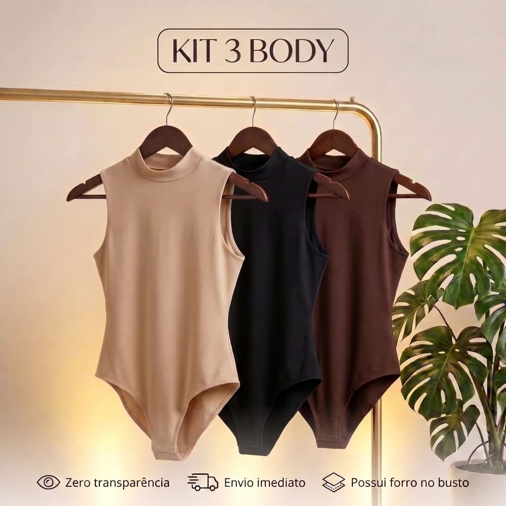 Kit 3 Body Feminino Regata Gola O Redonda Sem Transparência Suplex Microfibra Elegante Forrado Blusa Feminina Tendência