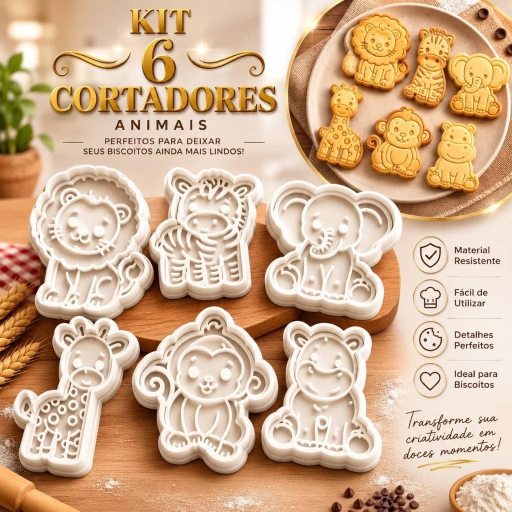 KIT 6 CORTADORES DE BISCOITO SAFARI ANIMAIS MOLDE PARA CONFEITARIA DECORAÇÃO FESTA INFANTIL