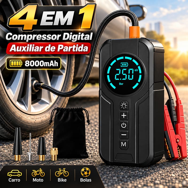 Bomba de Ar Portátil 4 em 1 8000mAh Auxiliar de Partida Compressor Calibrador Digital Power Bank