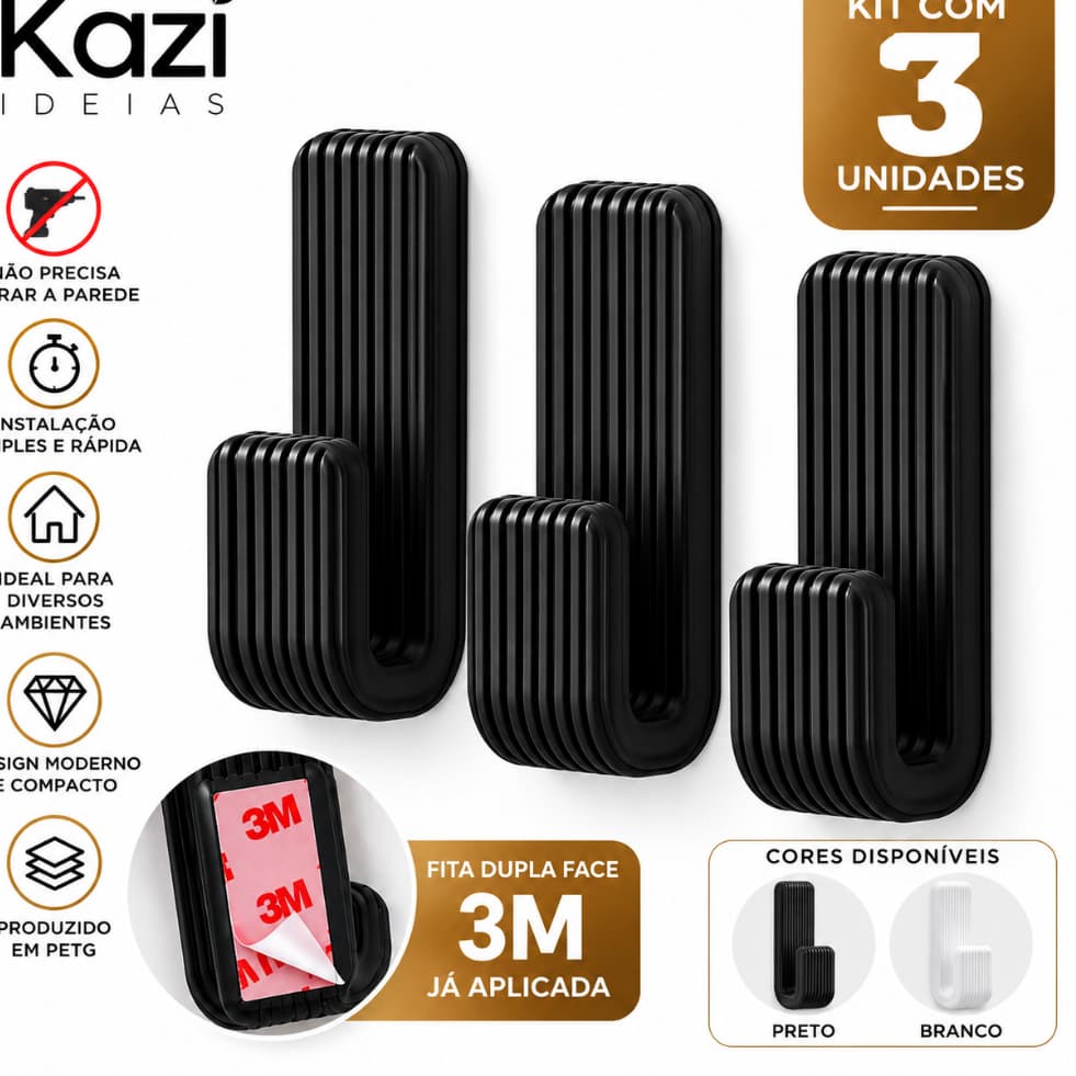Kit 3 Ganchos Adesivos de Parede com Fita 3M | Suporte para Toalhas Roupas e Acessórios