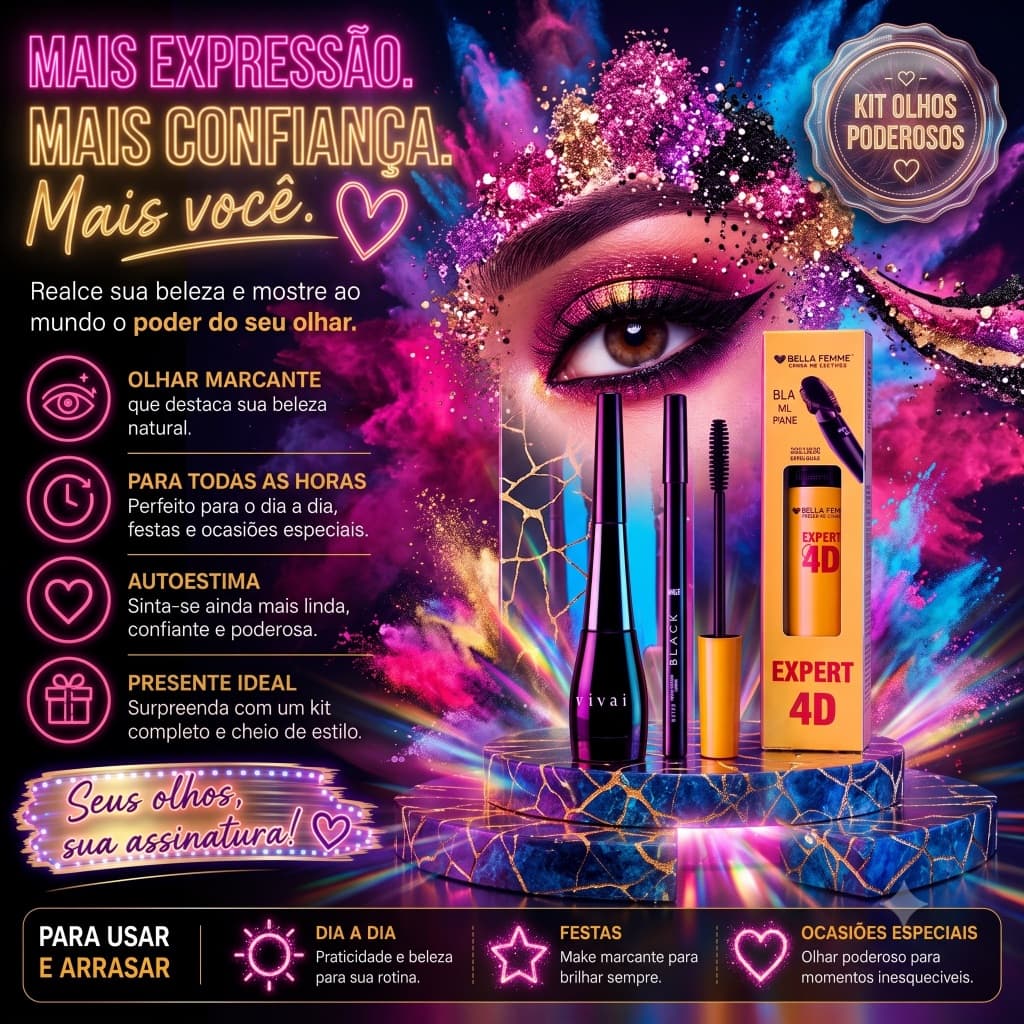 Kit Maquiagem Olhos Vivai Bella Femme Delineador Lápis de Olho Preto Rímel Máscara de Cílios