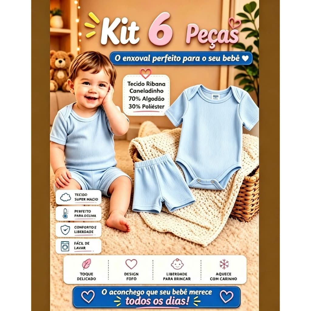 3 Conjuntinho de Verão Para Bebe Body Manga Curta e Shortinho