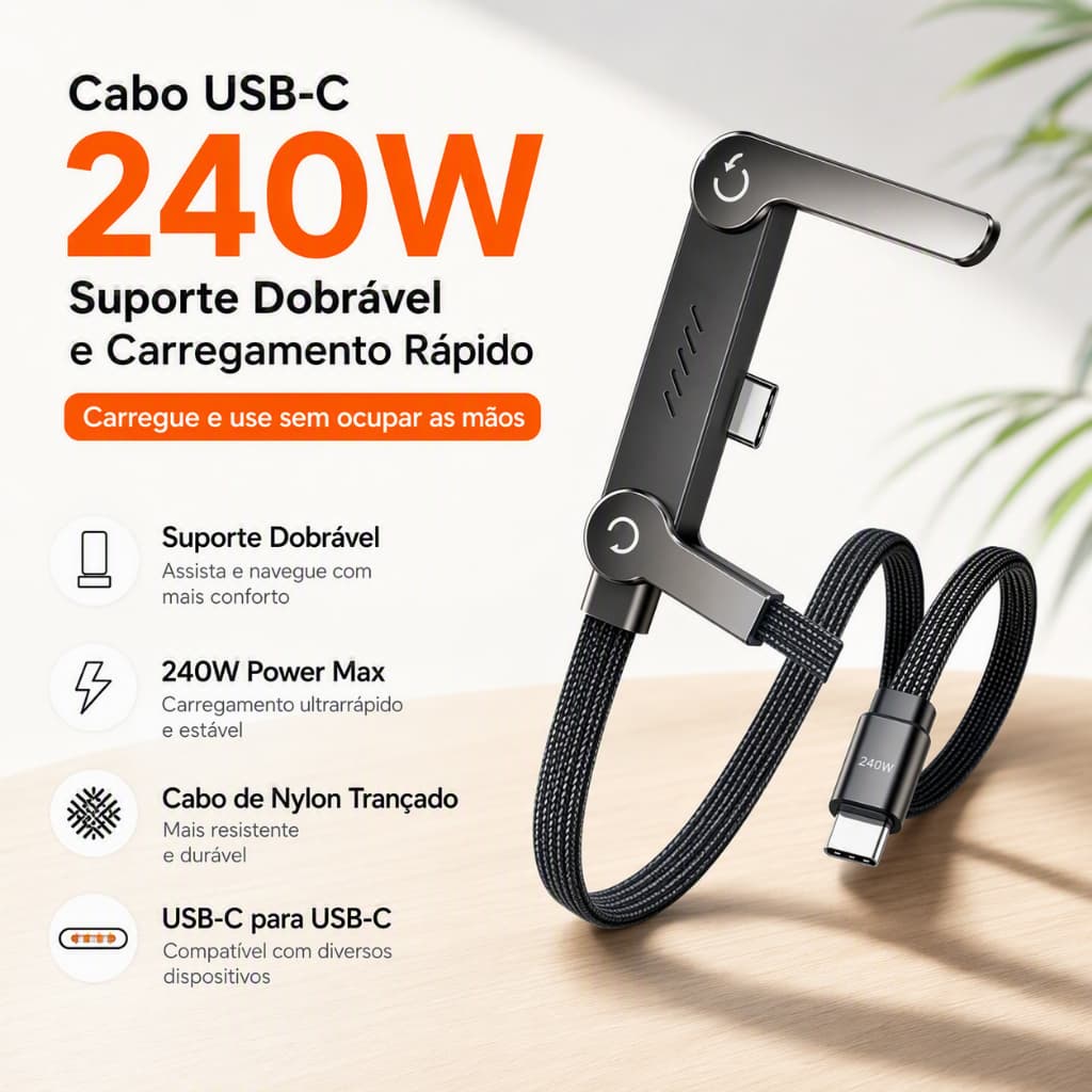 Cabo De Carregamento 2 Em 1 Tipo C De 240W-Suporte De Telefone Integrado Perfeito Para Jogos E Uso Carro