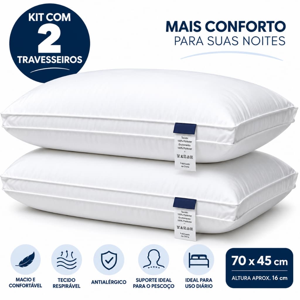 Kit 2 Travesseiros Thaomai 70x45cm – Poliéster Macio e Confortável para Dormir
