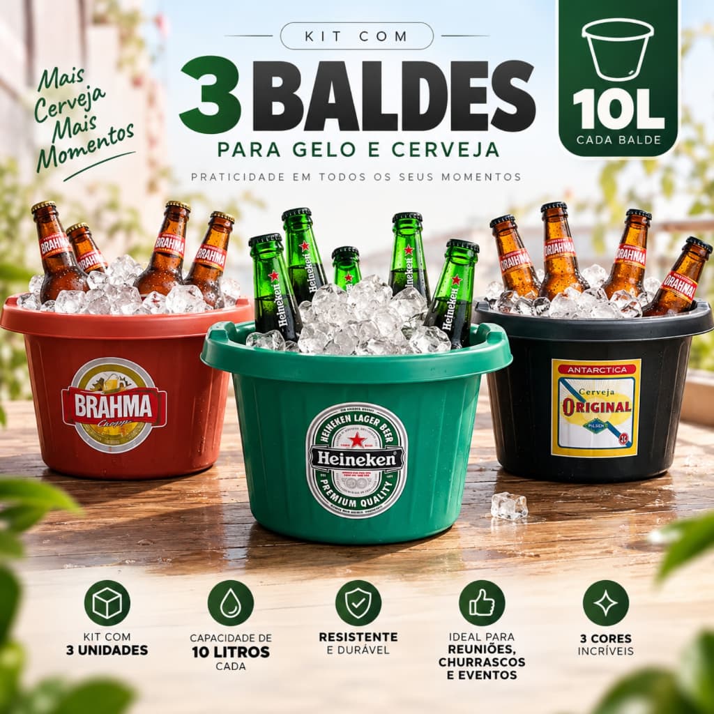 Kit 3 Baldes Para Gelo e Cerveja – capacidade 10 Litros balde de plástico personalizado