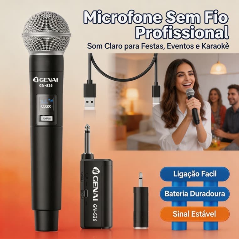 Microfone Sem Fio, Microfone de Mão Profissional com Receptor para Karaokê, Eventos