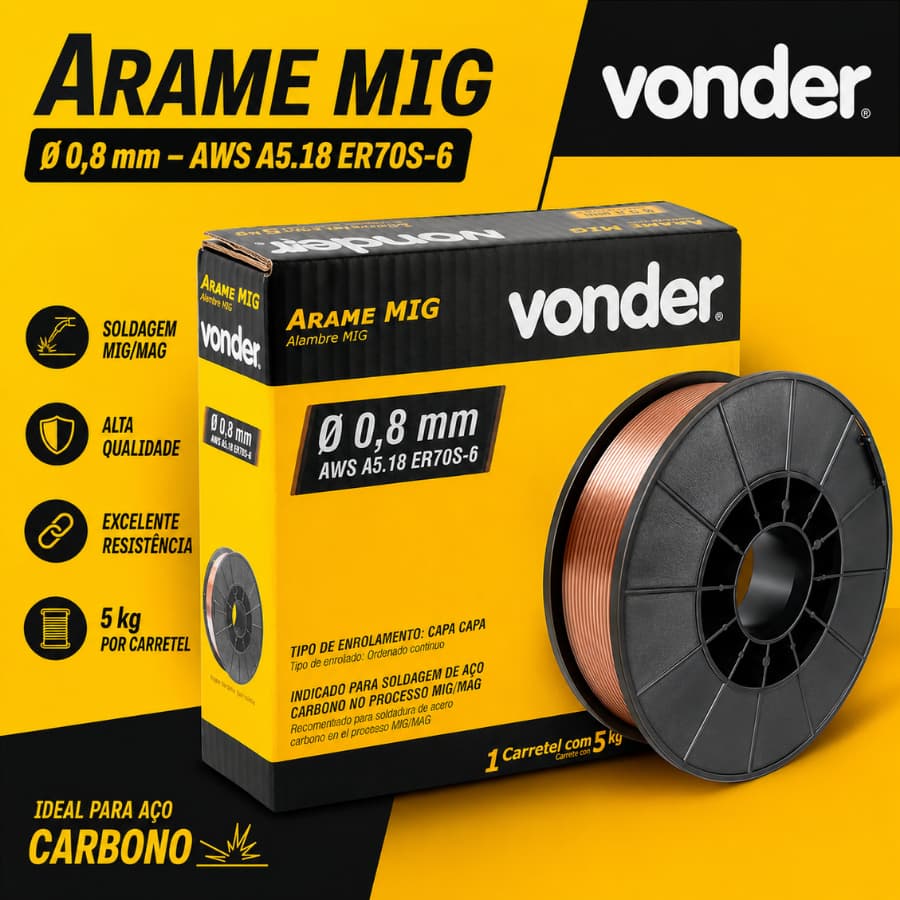 Arame MIG/MAG Para Soldas Vonder 0,8mm 5kg ER70S-6 Soldagem Aço Carbono