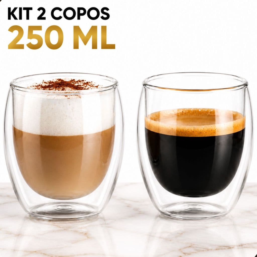Kit 2 Copos De Vidro Borossilicato Parede Dupla Térmica 250 ml Café chá