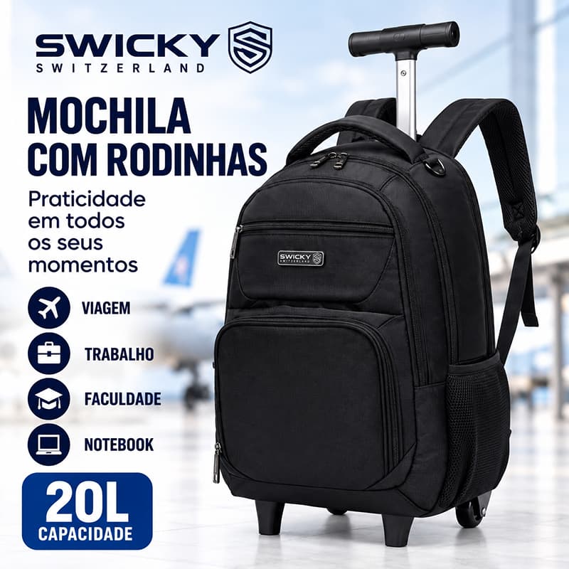 Mochila com Rodinhas Swicky Executiva Grande Notebook Trabalho Viagem Resistente 20L