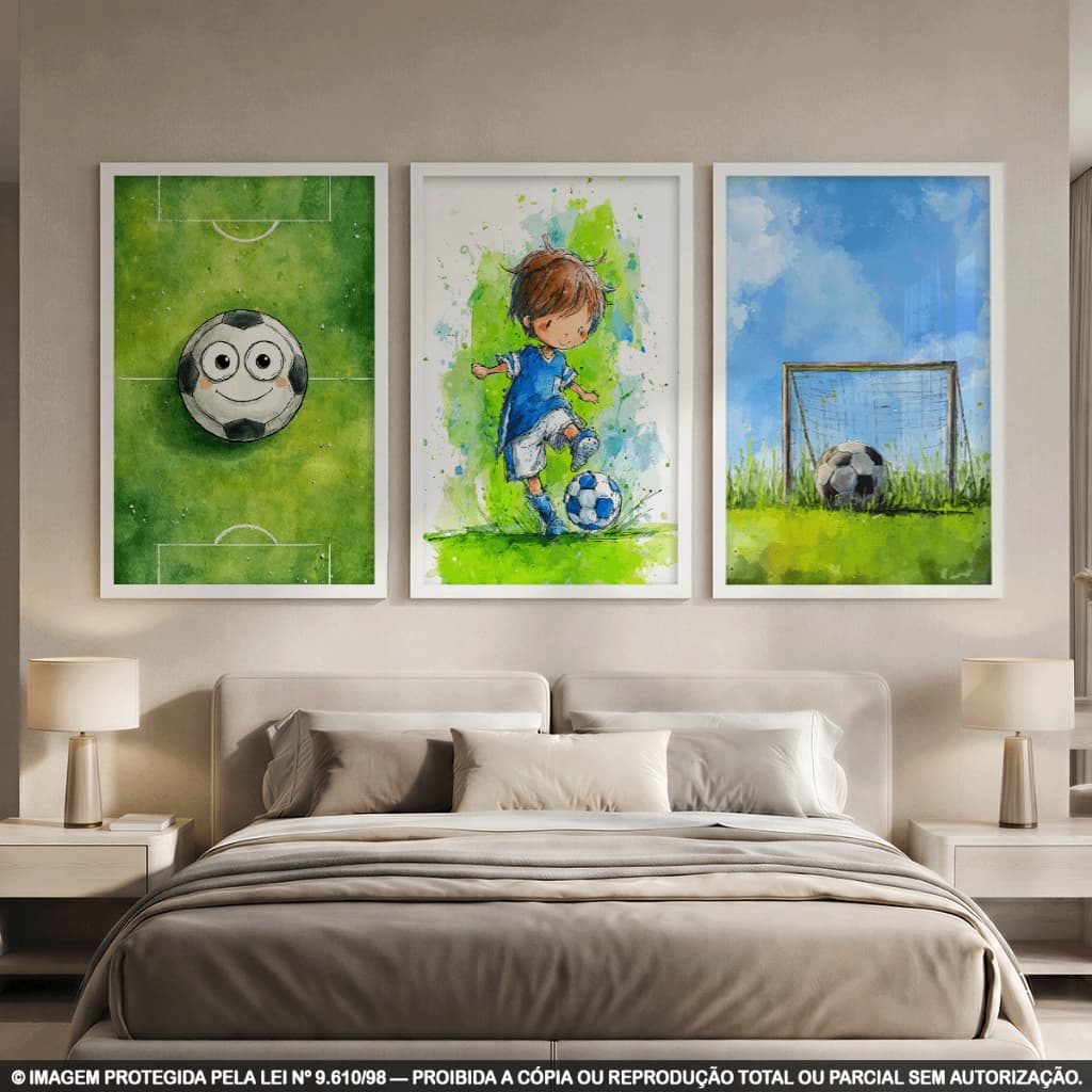 Kit 3 Quadros Decorativos Futebol Infantil | Menino Jogando, Bola e Gol | Aquarela Esportiva para Quarto em MDF 3mm