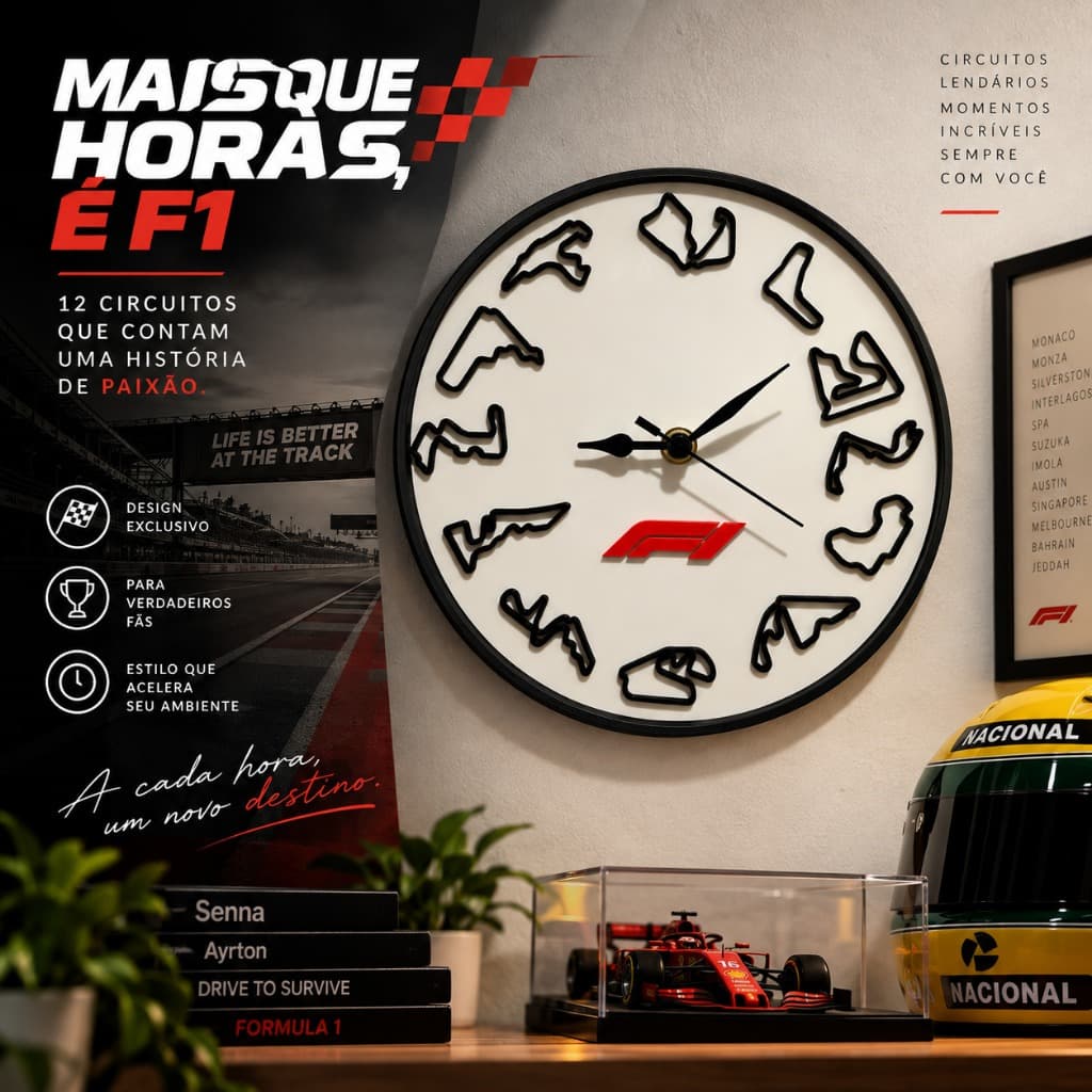 Relógio de Parede F1 Exclusivo | 12 Circuitos | Decoração Automobilismo