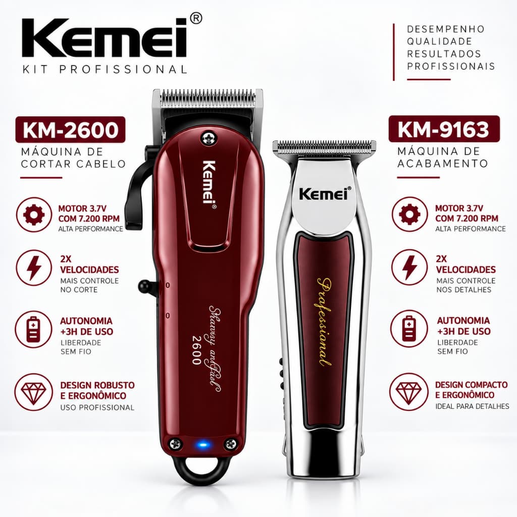 Kit completo kemei máquina de corte km-2600 + máquina de acabamento km-9163 profissional