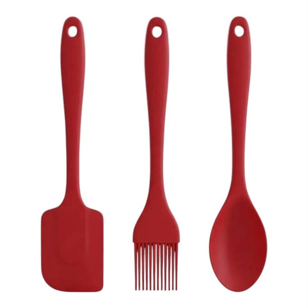 KIT DE UTENCILIOS DE COZINHA COLHER ESPATULA E PINCEL DE SILICONE VERMELHO