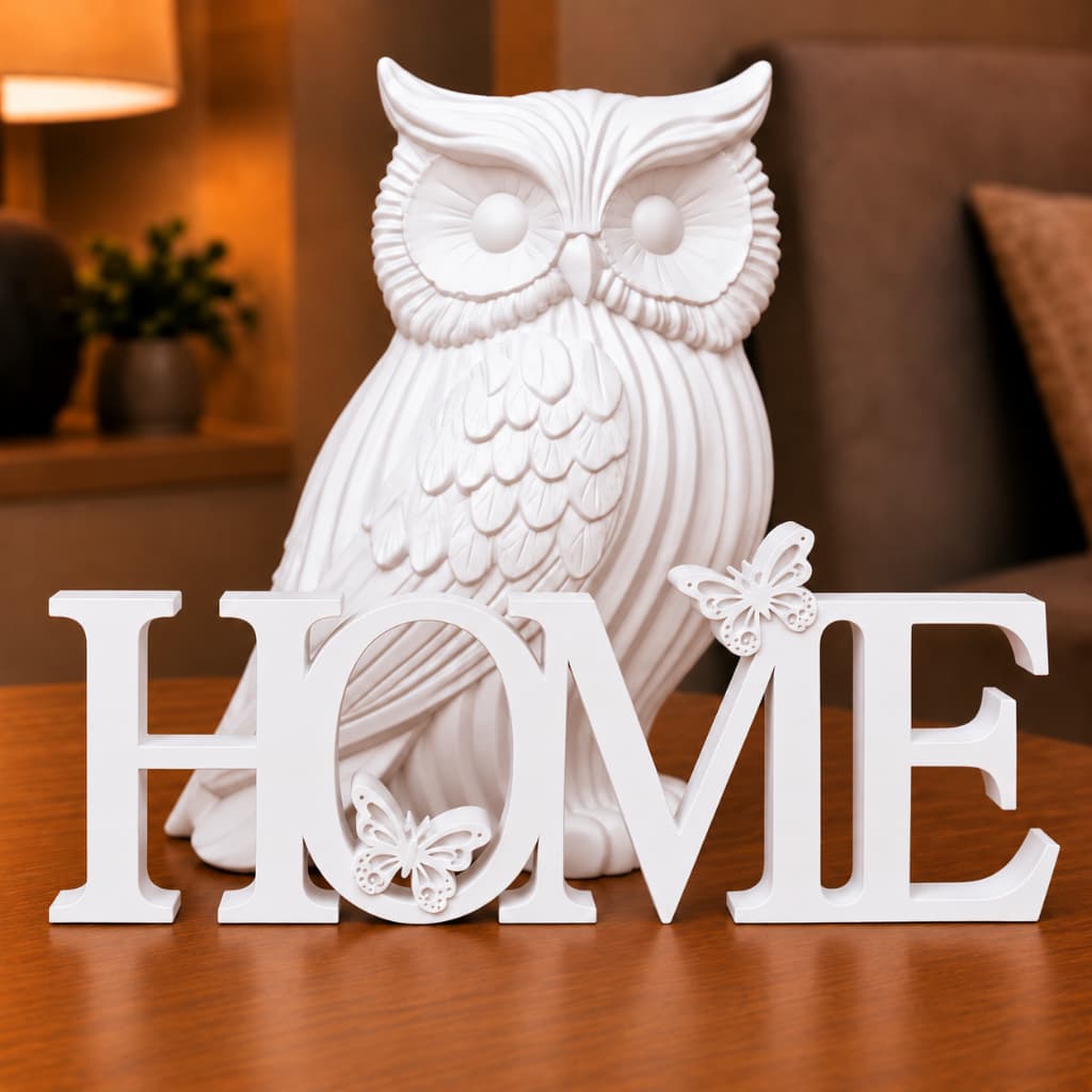 Kit Escultura Pet Decorativa Coruja com Plaquinha Home Estátua Minimalista Sala Quarto Presente Bichinho Casa Nova Luxo