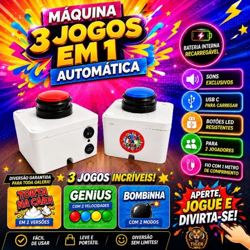 Máquina Torta na cara, portátil com bateria interna recarregável, 3 jogos exclusivos