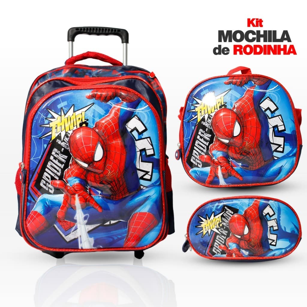 Kit Mochila Escolar Homem Aranha 3D Com Rodinhas Lancheira Termica Estojo Reforçada Menino Confortavel e Resistente